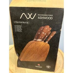 GRUNWERG Sheffield England 6 Piece Knife Block Set Ashwood Handles